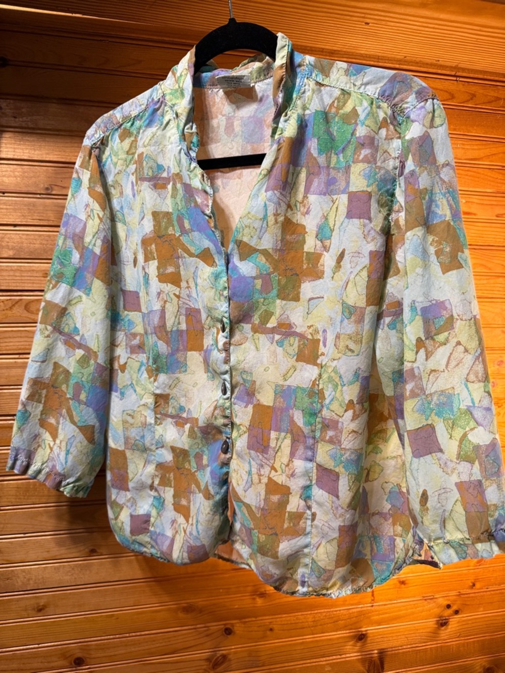 Vintage Abstract Pastel Print Button-Front Blouse - Pastel Green & Tan